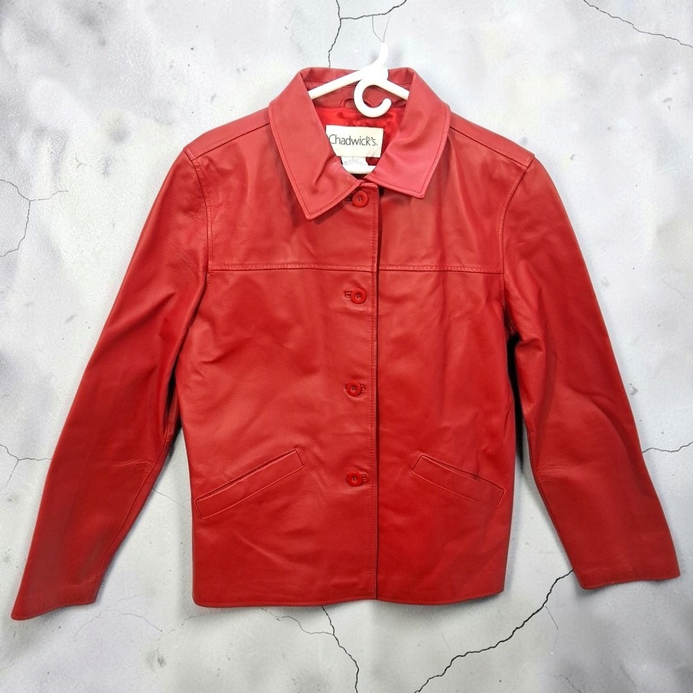 VTG 90's Chadwick's Red Leather Button Front Jacket Coat Large Biker Moto Chic